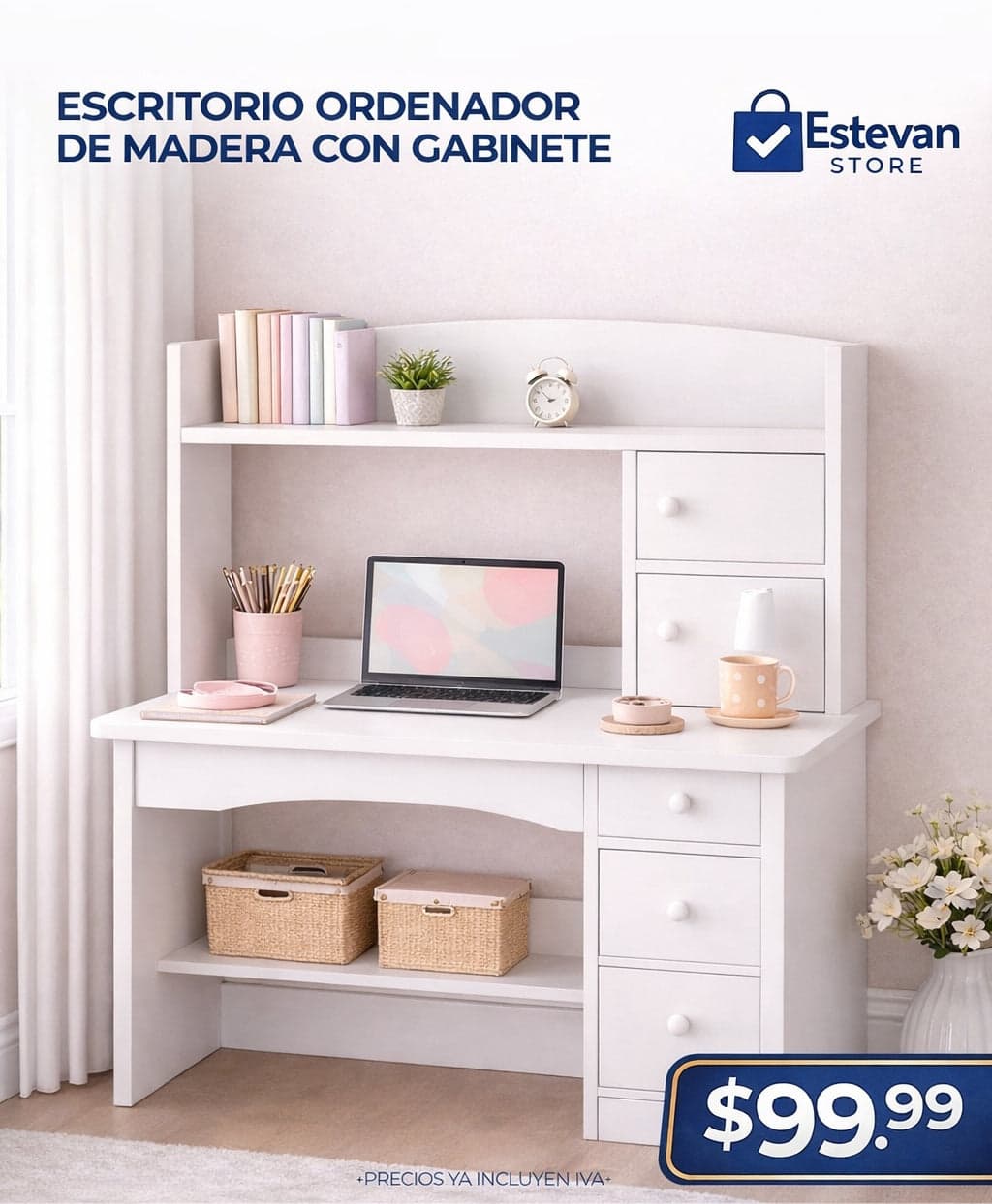 Escritorio Organizador de Madera con Gabinete | Moderno y Funcional