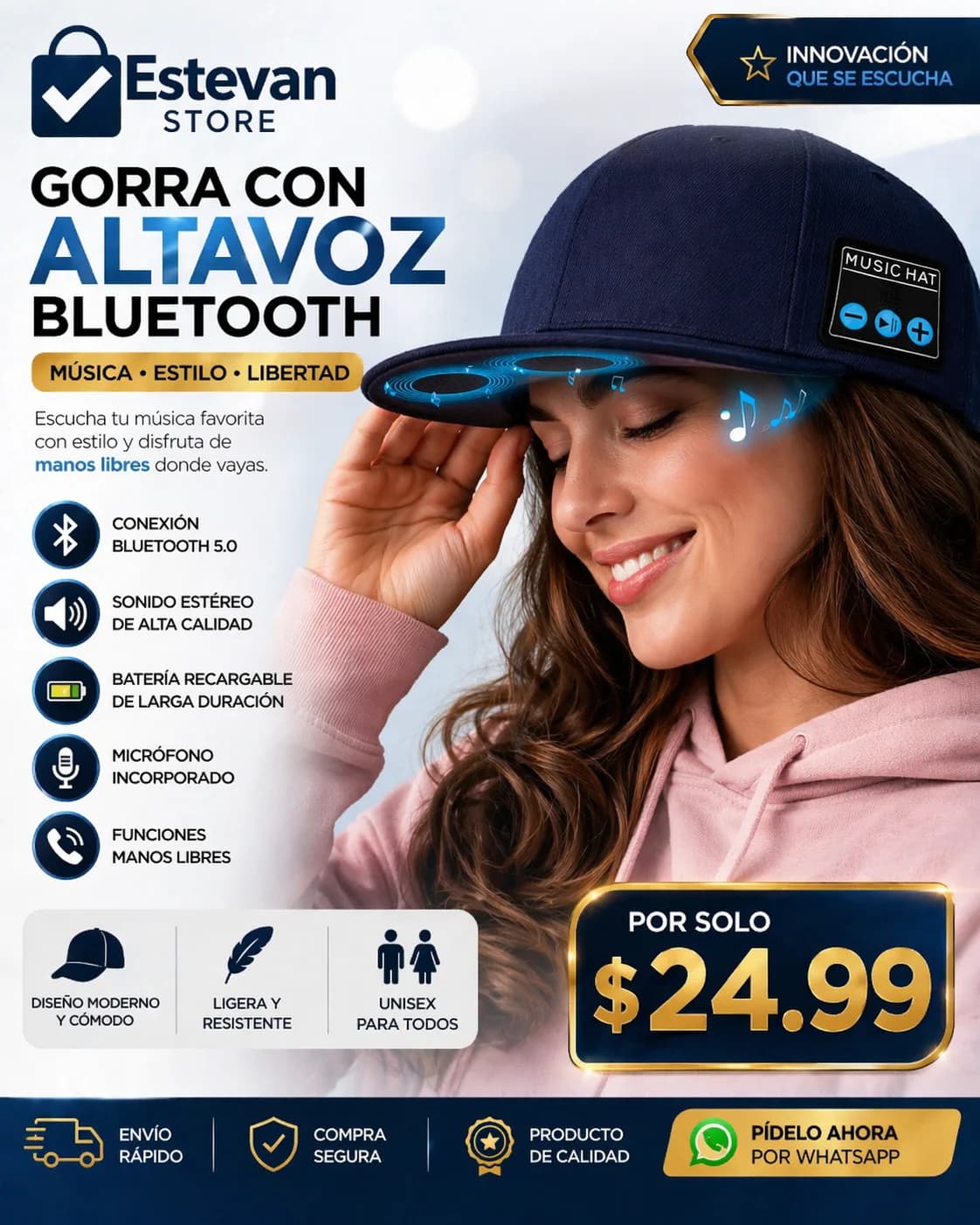 🎧 GORRA BLUETOOTH CON ALTAVOZ – ESCUCHA MÚSICA SIN AUDÍFONOS 🔥