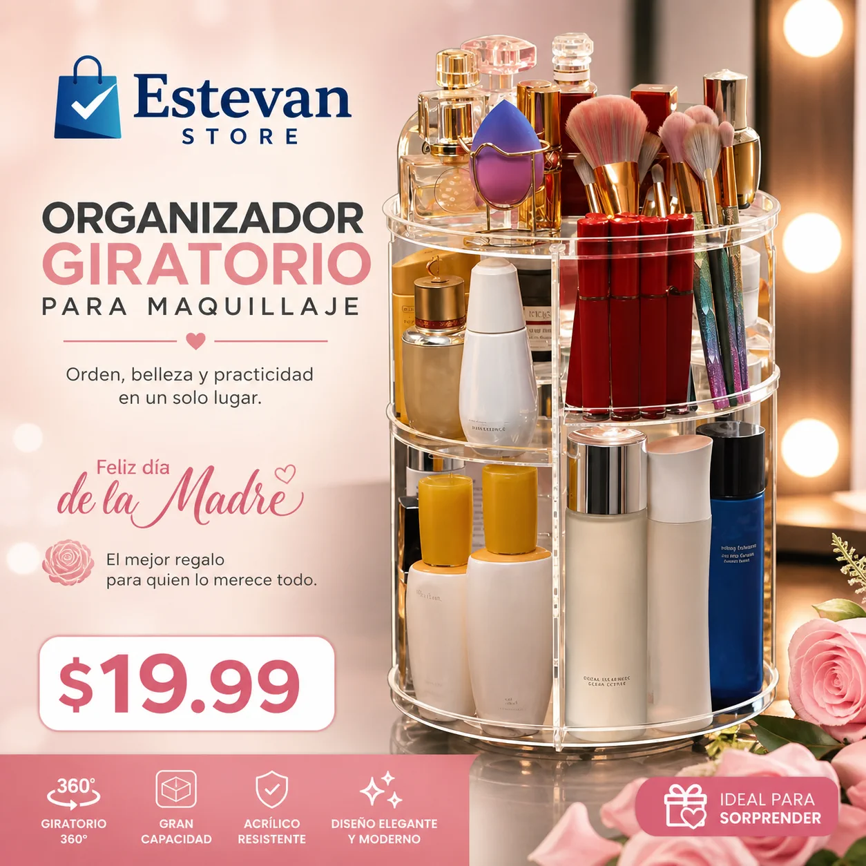🌸 ORGANIZADOR GIRATORIO PARA MAQUILLAJE 360° 🌸