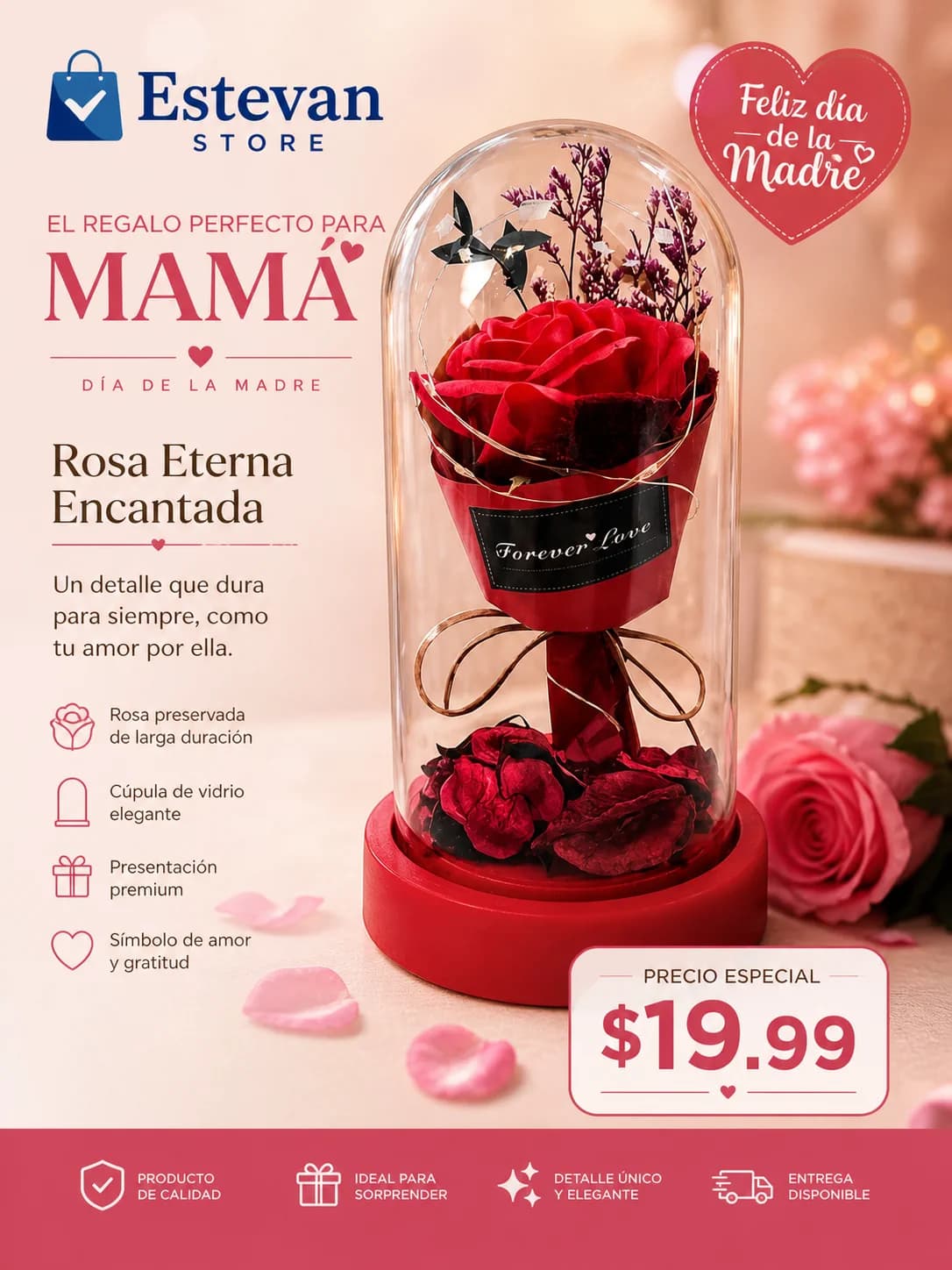 🌹 Rosa Eterna en Cúpula – Regalo Día de la Madre