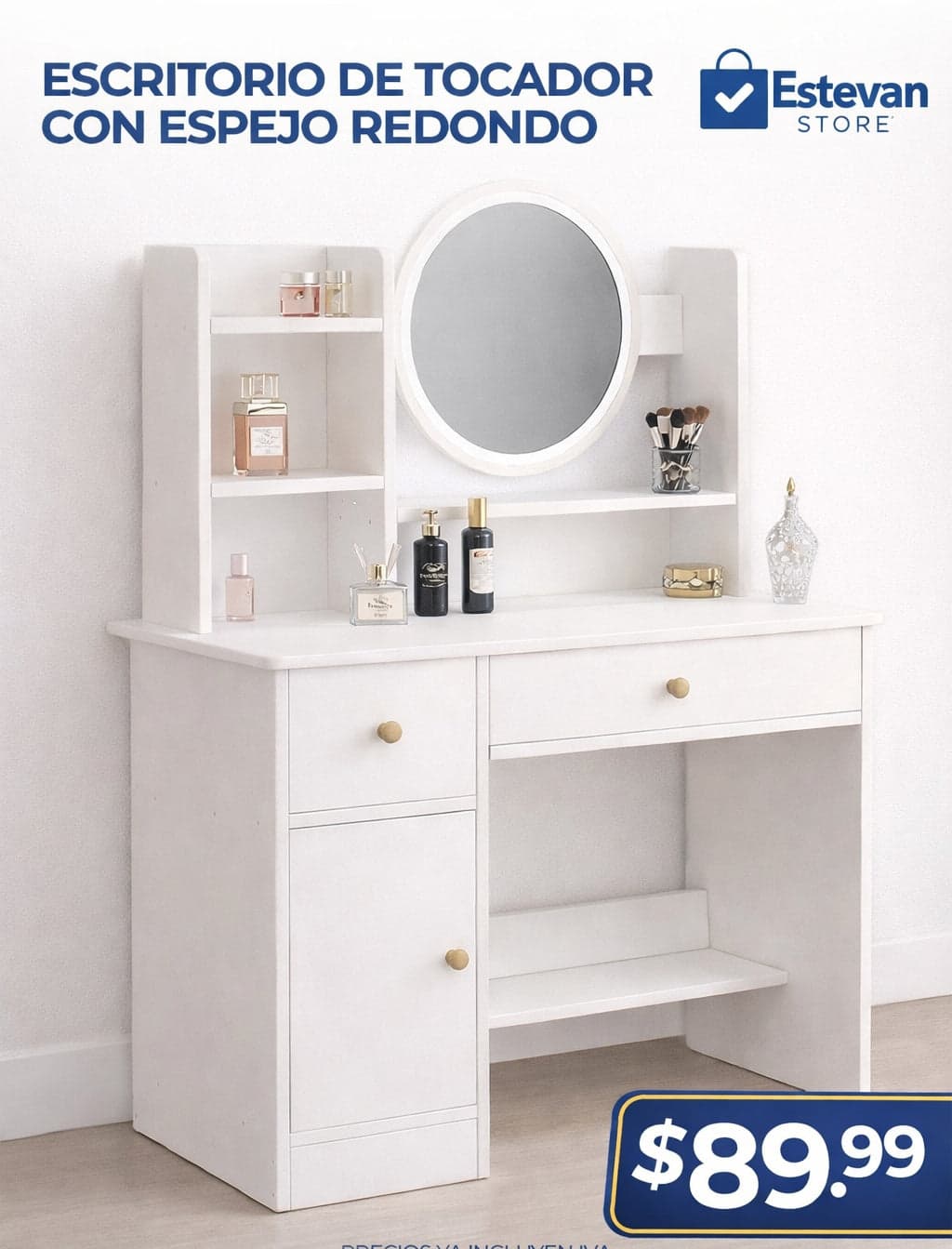 Tocador con Espejo Redondo | Escritorio de Maquillaje | Organizador Elegante
